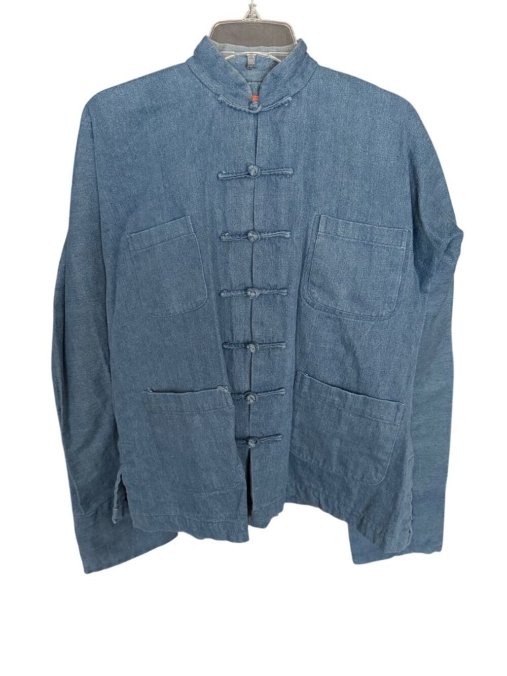 Vintage Oriental Blue Denim Mandarin Collar Button Jacket 100% Cotton Long Slee